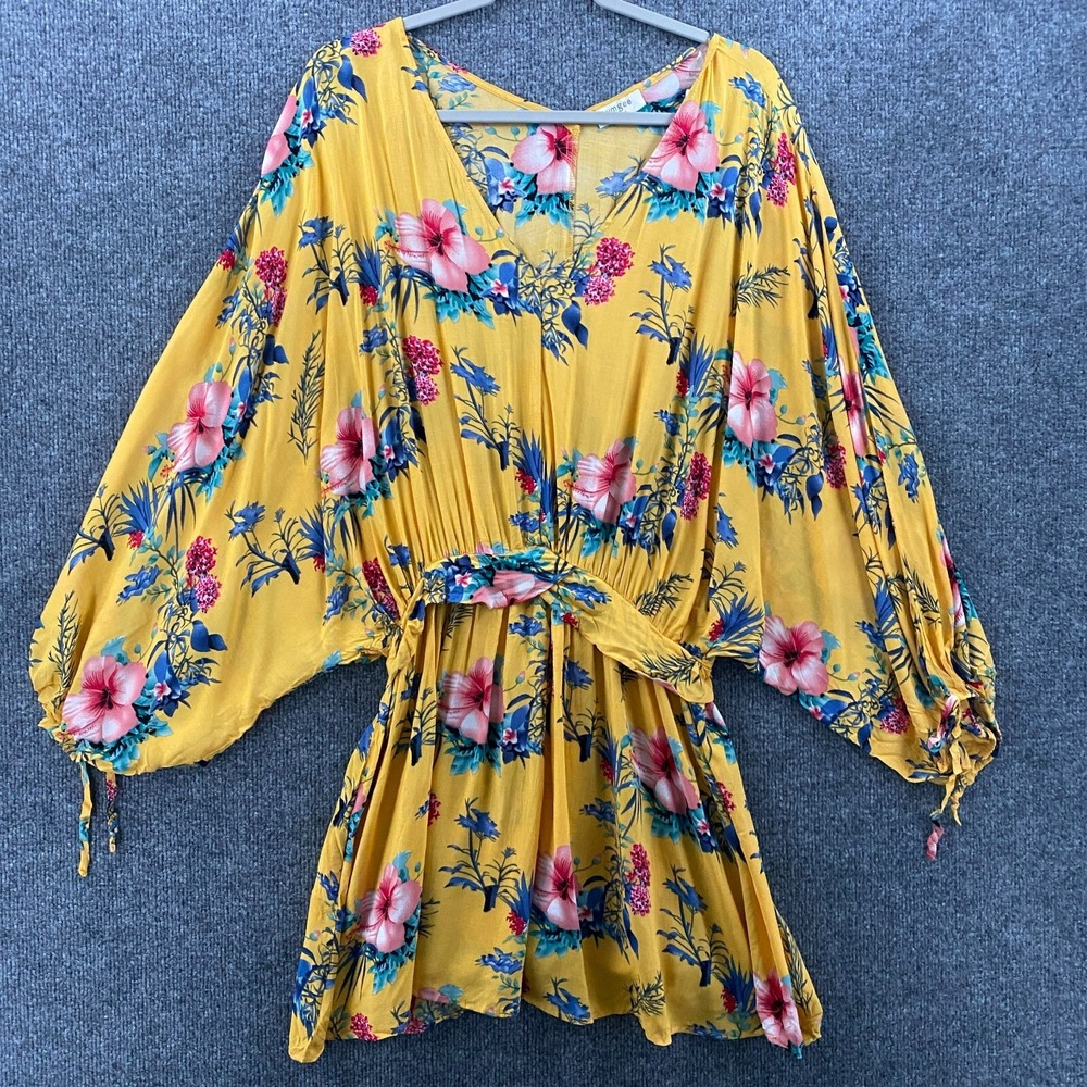 UMGEE Dress‎ Small Yellow Floral V-Neck Dolman Sleeves Peasant Beachy Festival